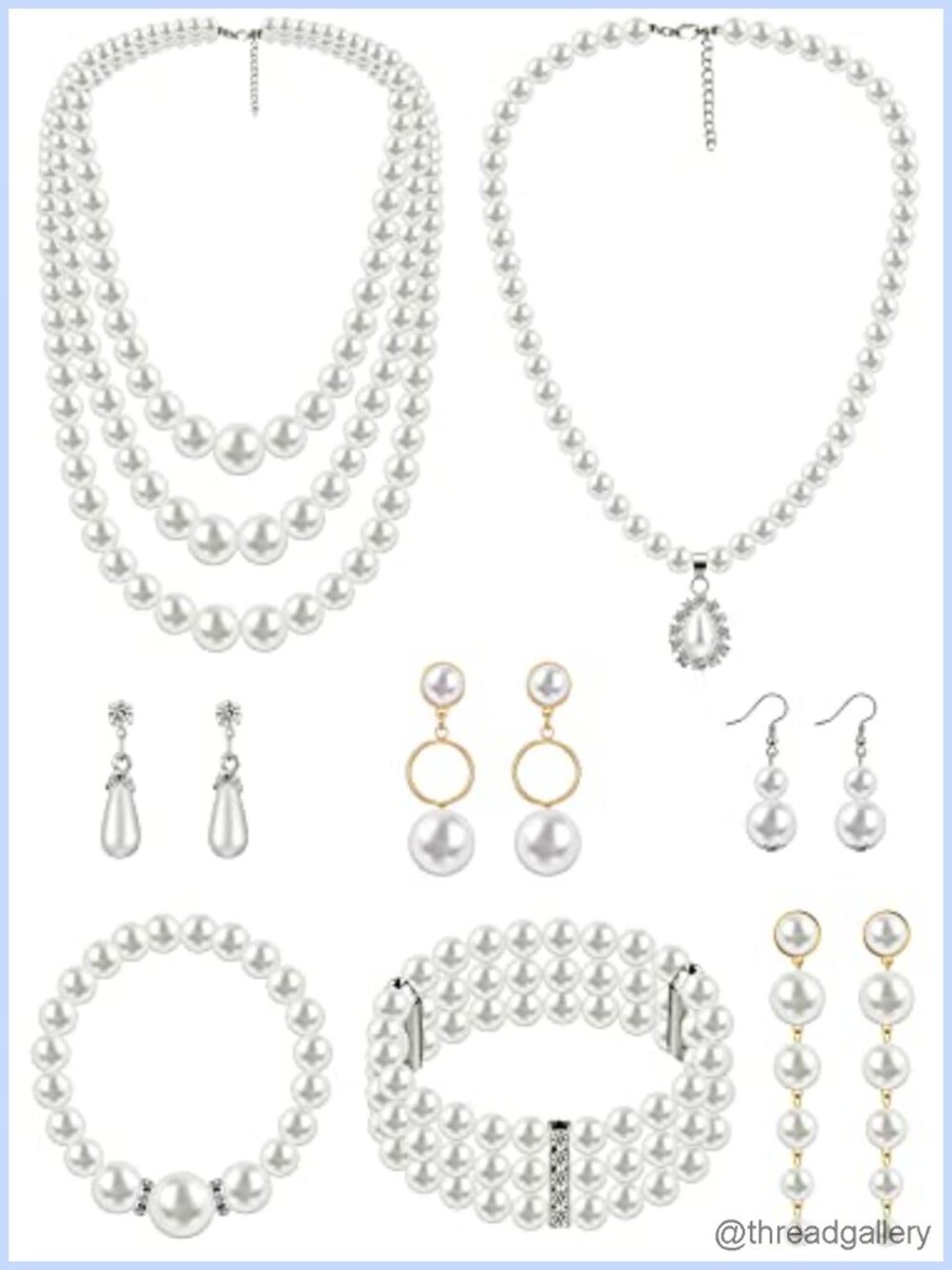 Pearl Jewelry Set 8 Piece Necklace Earrings Bracelets Faux Pearl Rhinestone